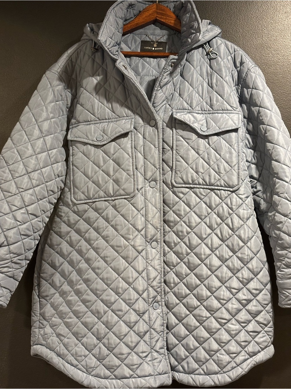 Lucky Brand Quilted Light Blue Hooded Puffer Jacket